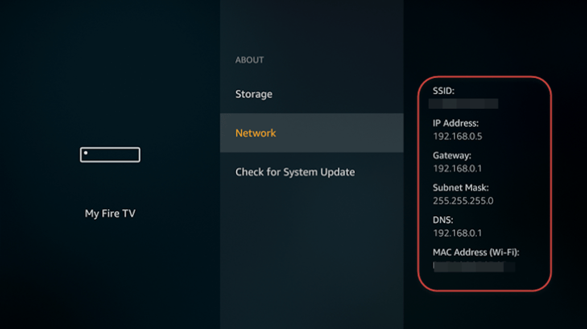 Fire TV Stick - écran des informations réseau avec adresse IP et passerelle
