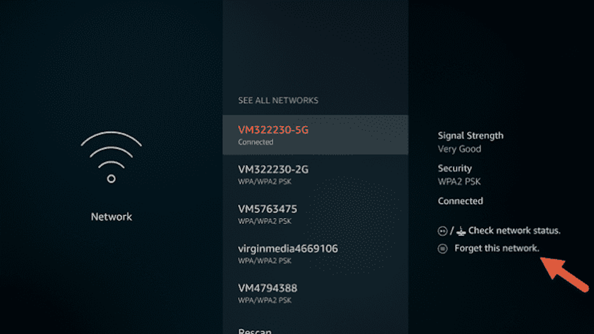 Fire TV Stick - option Oublier réseau Wi-Fi