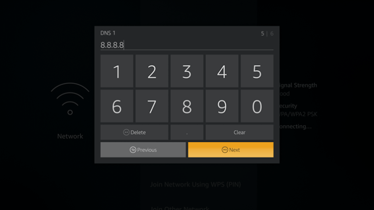 Fire TV Stick - saisie des DNS Google 8.8.8.8 et 8.8.4.4
